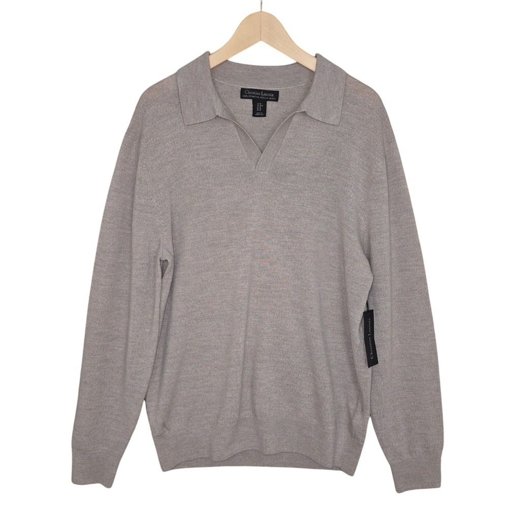 NWT Christian Lacroix Men's Taupe 100% Extrafine Merino Wool Polo Sweater M